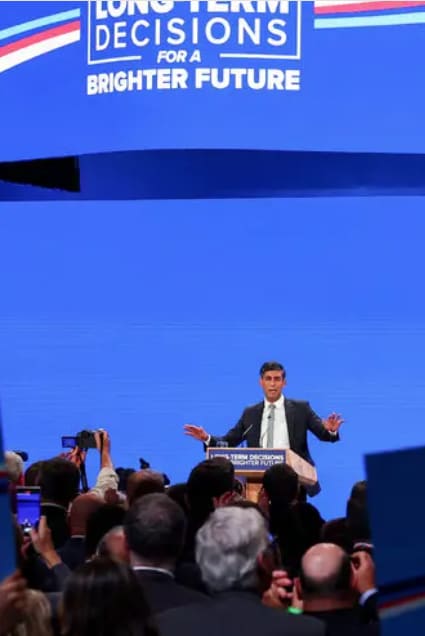 UK&rsquo;s prime minister, Rishi Sunak, tries to explain how canceling the northern leg of his country&rsquo;s high-speed rail project will make for a brighter future. Image: New York Times.