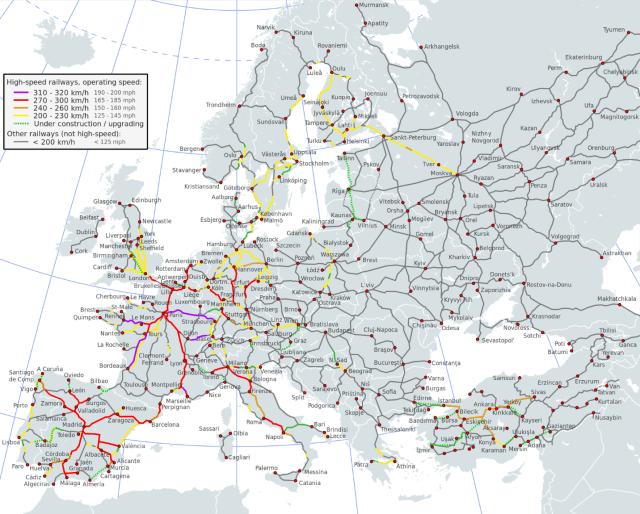 High-speed rail in Europe in 2015 shown in color. Image: Bernese media, user Akwa and others.
